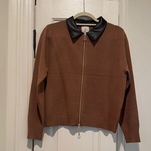 Sioni Brown Zip Front Sweater with Black Faux Leather Collar